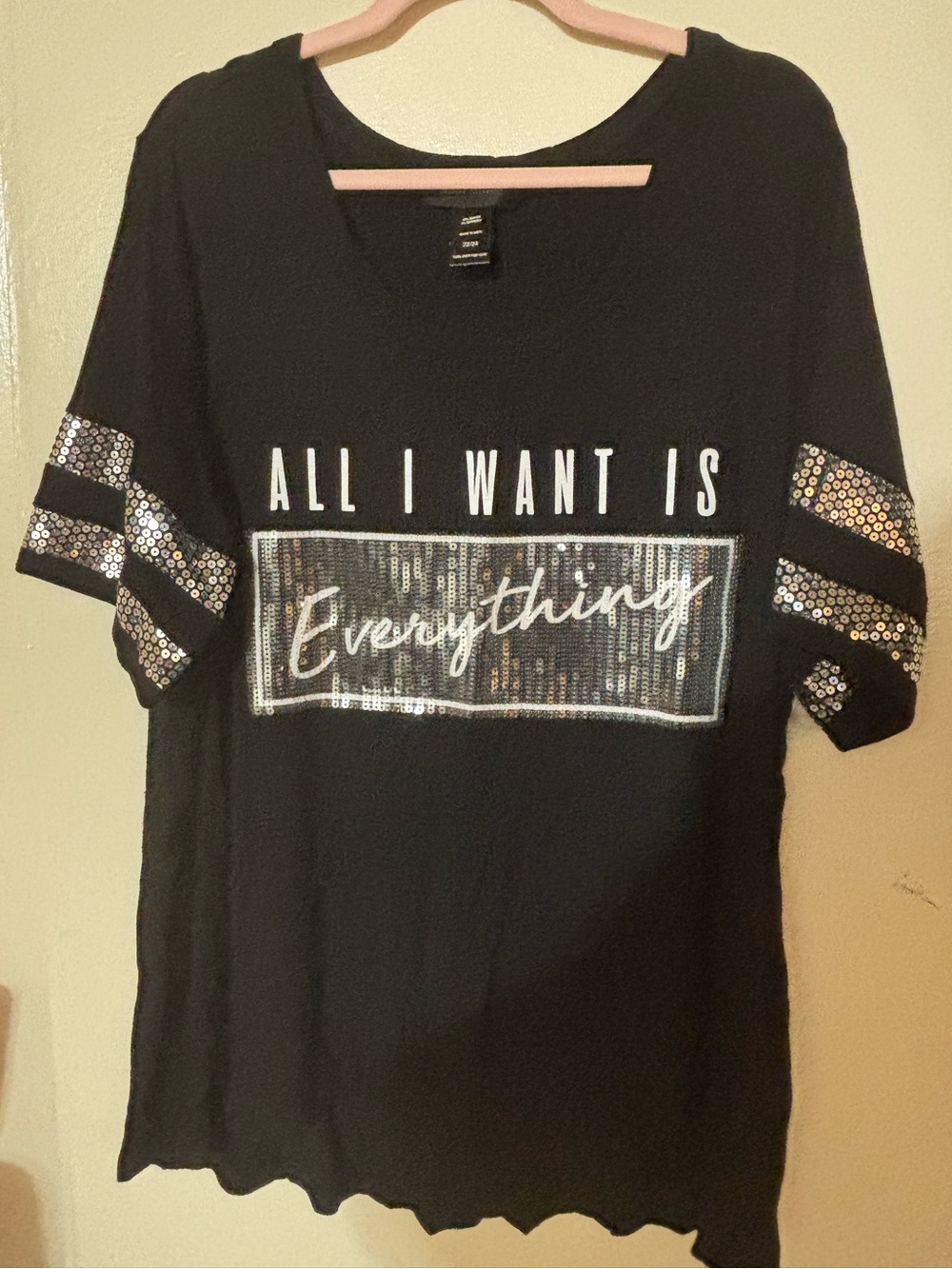 Black Sequin Detail Graphic Tee - "All I Want Is Everything"